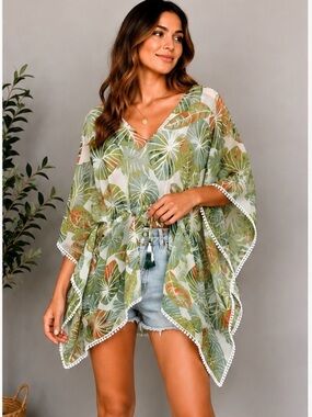 Beaches N Boho Tropical Leaf Cover-Up | Size S/M | Lightweight Resort Kaftan